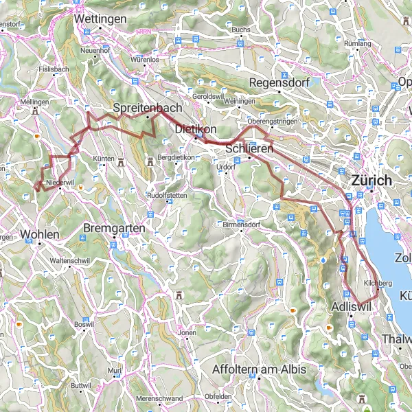 Map miniature of "Enge Church and Heitersbergpass Gravel Route" cycling inspiration in Zürich, Switzerland. Generated by Tarmacs.app cycling route planner