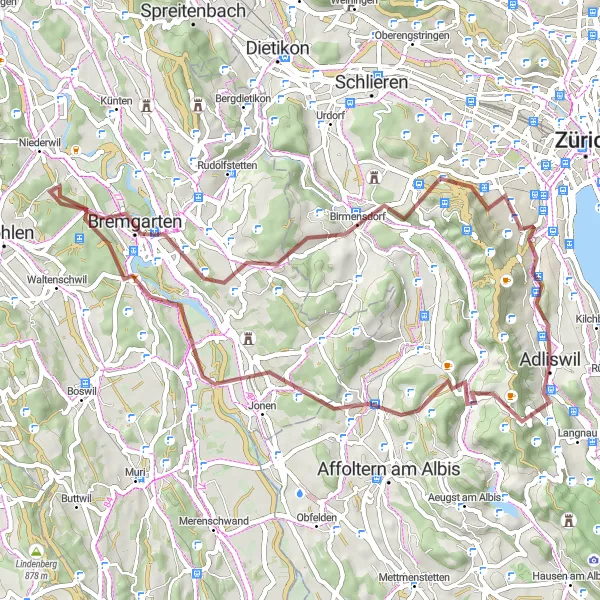 Miniatura della mappa di ispirazione al ciclismo "Giro cicloturistico a Hedingen e Birmensdorf" nella regione di Zürich, Switzerland. Generata da Tarmacs.app, pianificatore di rotte ciclistiche