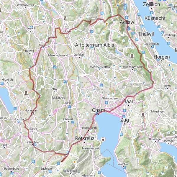 Zemljevid v pomanjšavi "Raznolika pot od Adliswila do Bonstettena" kolesarske inspiracije v Zürich, Switzerland. Generirano z načrtovalcem kolesarskih poti Tarmacs.app