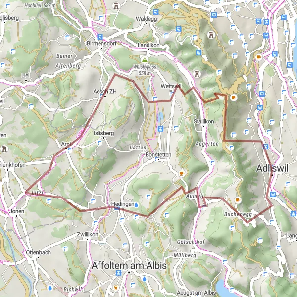 Karttaminiaatyyri "Zürich - Arni - Zwillikon" pyöräilyinspiraatiosta alueella Zürich, Switzerland. Luotu Tarmacs.app pyöräilyreittisuunnittelijalla