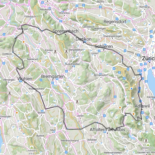 Miniatura mapy "Trasa Szosowa z Adliswil" - trasy rowerowej w Zürich, Switzerland. Wygenerowane przez planer tras rowerowych Tarmacs.app