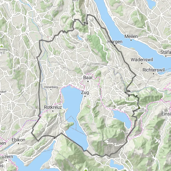 Miniature de la carte de l'inspiration cycliste "Tour du lac de Zoug et des montagnes environnantes" dans la Zürich, Switzerland. Générée par le planificateur d'itinéraire cycliste Tarmacs.app