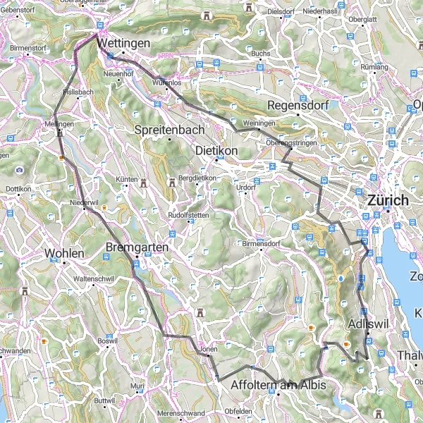 Map miniature of "Albis Mountain Circuit" cycling inspiration in Zürich, Switzerland. Generated by Tarmacs.app cycling route planner