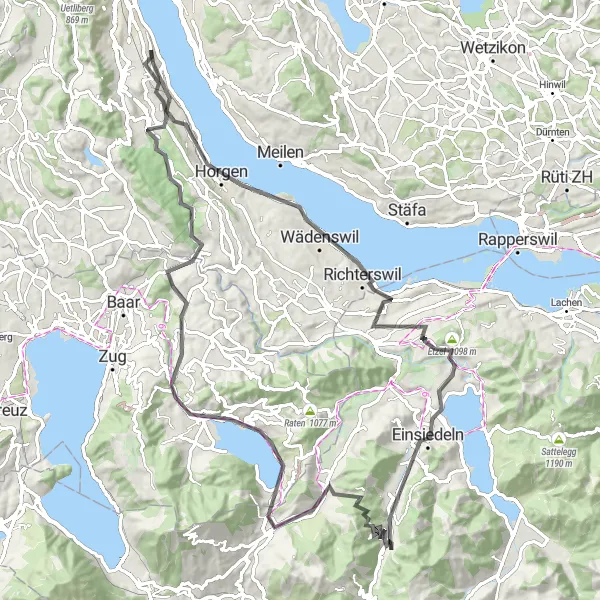 Map miniature of "Lake Zürich Road Challenge" cycling inspiration in Zürich, Switzerland. Generated by Tarmacs.app cycling route planner