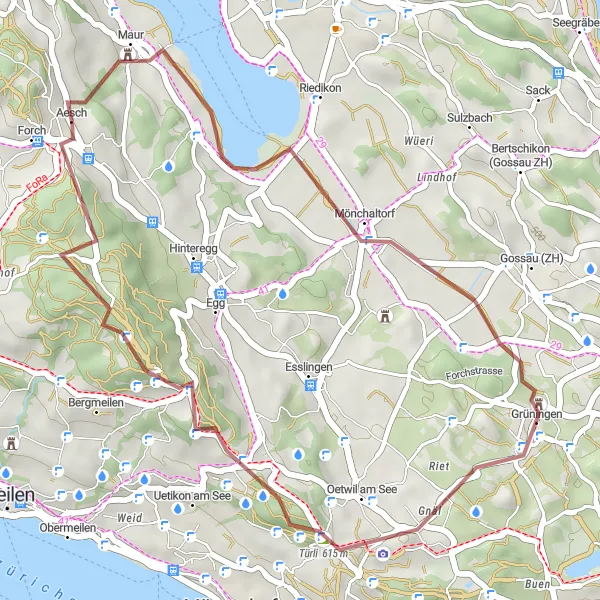 Miniatua del mapa de inspiración ciclista "Ruta de ciclismo de grava a través de Grüningen y Pfannenstiel" en Zürich, Switzerland. Generado por Tarmacs.app planificador de rutas ciclistas