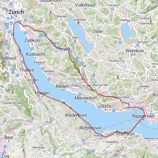 Mapa miniatúra "Gravel trasa Rapperswil - Horgen" cyklistická inšpirácia v Zürich, Switzerland. Vygenerované cyklistickým plánovačom trás Tarmacs.app