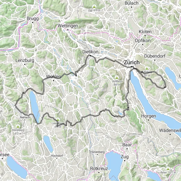 Miniature de la carte de l'inspiration cycliste "Tour Panoramique Zurichois" dans la Zürich, Switzerland. Générée par le planificateur d'itinéraire cycliste Tarmacs.app