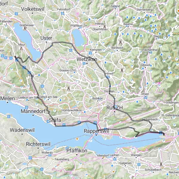 Miniatua del mapa de inspiración ciclista "Ruta escénica a Rüti ZH y Neuhaus (Egg)" en Zürich, Switzerland. Generado por Tarmacs.app planificador de rutas ciclistas