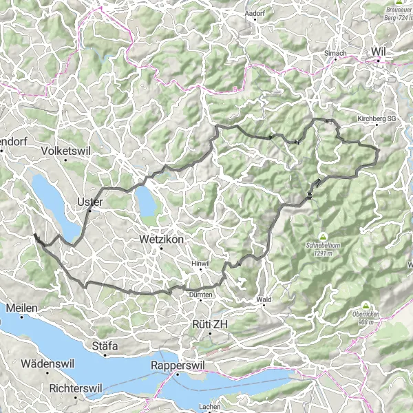 Miniatua del mapa de inspiración ciclista "Desafío ciclista a Chatzenböl y Esslingen" en Zürich, Switzerland. Generado por Tarmacs.app planificador de rutas ciclistas