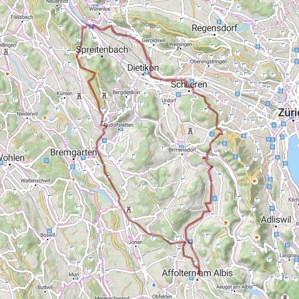 Kartminiatyr av "Gruscykling runt Affoltern am Albis" cykelinspiration i Zürich, Switzerland. Genererad av Tarmacs.app cykelruttplanerare