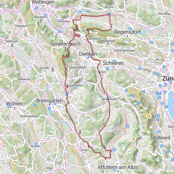 Miniatua del mapa de inspiración ciclista "Ruta de Grava por Affoltern am Albis" en Zürich, Switzerland. Generado por Tarmacs.app planificador de rutas ciclistas