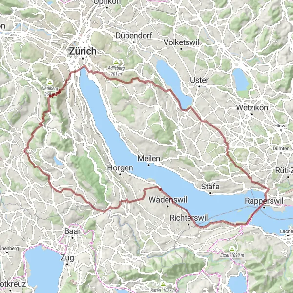Zemljevid v pomanjšavi "Divje steze ob jezeru Zürich" kolesarske inspiracije v Zürich, Switzerland. Generirano z načrtovalcem kolesarskih poti Tarmacs.app