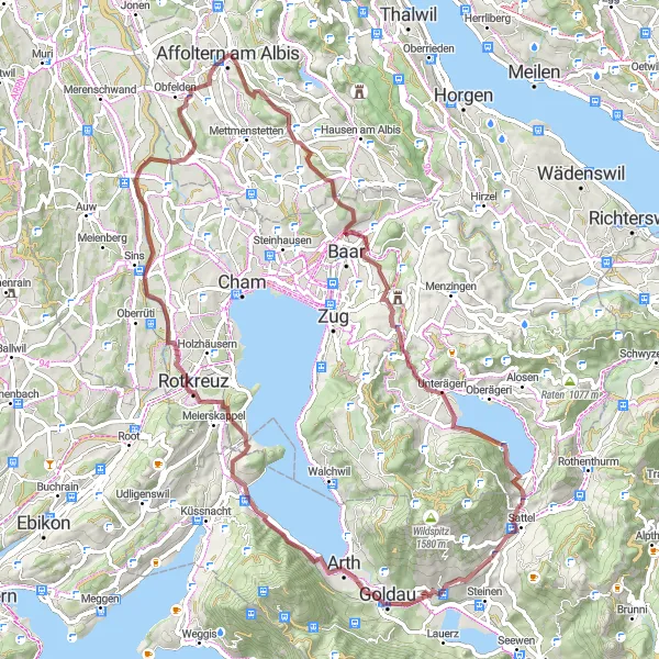 Kartminiatyr av "Grusvägar runt Affoltern am Albis" cykelinspiration i Zürich, Switzerland. Genererad av Tarmacs.app cykelruttplanerare