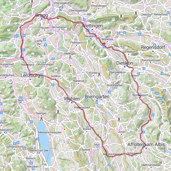 Miniatua del mapa de inspiración ciclista "Aventura en Grava por los Alrededores de Affoltern am Albis" en Zürich, Switzerland. Generado por Tarmacs.app planificador de rutas ciclistas