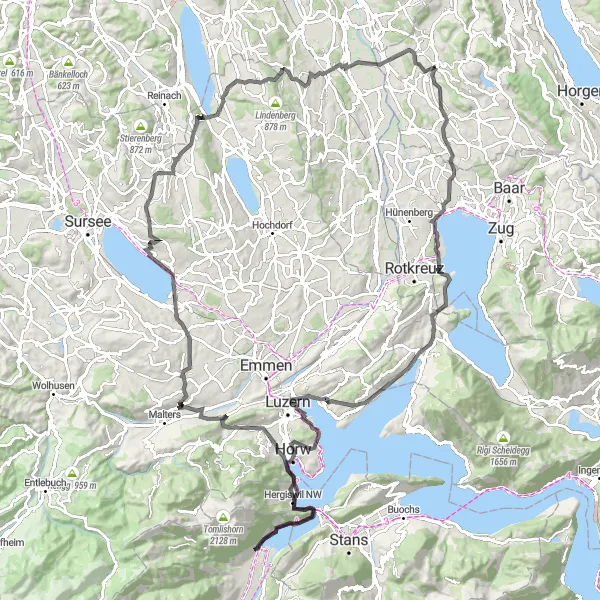 Map miniature of "Panoramic Road Cycling Tour" cycling inspiration in Zürich, Switzerland. Generated by Tarmacs.app cycling route planner