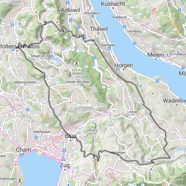 Zemljevid v pomanjšavi "Zabavna kolesarska pot v okolici Affoltern am Albis" kolesarske inspiracije v Zürich, Switzerland. Generirano z načrtovalcem kolesarskih poti Tarmacs.app