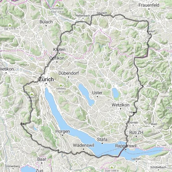 Zemljevid v pomanjšavi "Epska kolesarska avantura v okolici Affoltern am Albis" kolesarske inspiracije v Zürich, Switzerland. Generirano z načrtovalcem kolesarskih poti Tarmacs.app