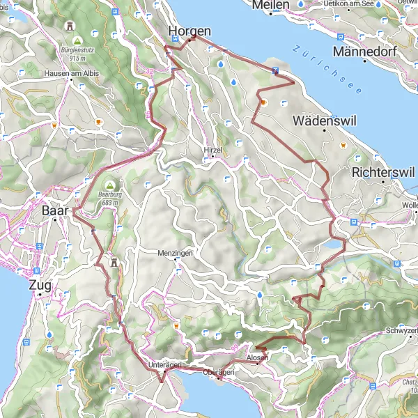 Miniature de la carte de l'inspiration cycliste "La beauté du lac Ägerisee en gravel biking" dans la Zürich, Switzerland. Générée par le planificateur d'itinéraire cycliste Tarmacs.app