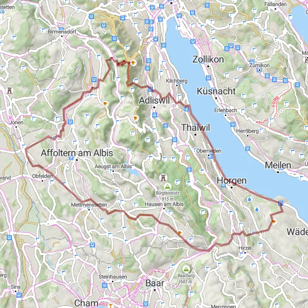 Karttaminiaatyyri "Hirzel Höchi - Horgenin maastopyöräreitti" pyöräilyinspiraatiosta alueella Zürich, Switzerland. Luotu Tarmacs.app pyöräilyreittisuunnittelijalla