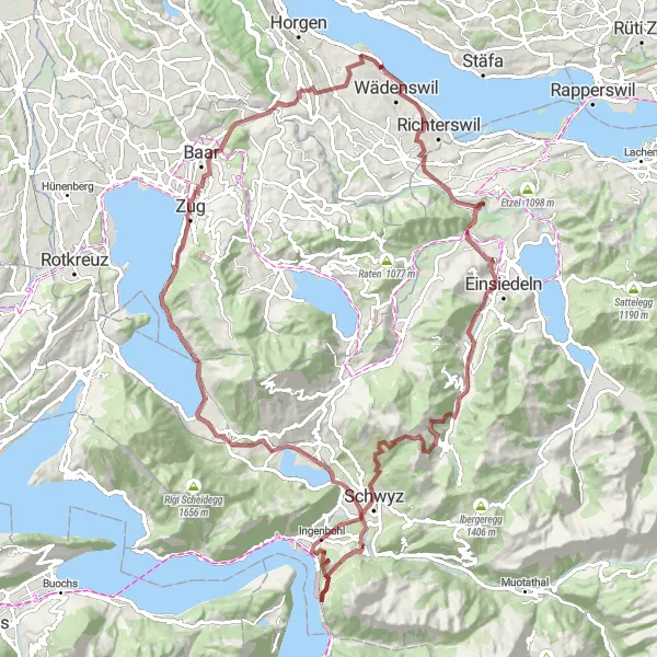 Kartminiatyr av "Grusvei Eventyr rundt Zürichsjøen" sykkelinspirasjon i Zürich, Switzerland. Generert av Tarmacs.app sykkelrutoplanlegger