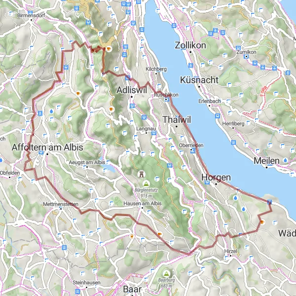 Miniatua del mapa de inspiración ciclista "Ruta de Grava por Hirzel y Albis" en Zürich, Switzerland. Generado por Tarmacs.app planificador de rutas ciclistas