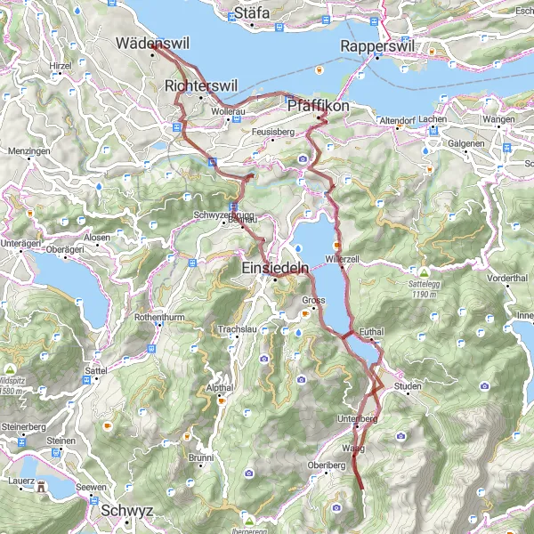 Zemljevid v pomanjšavi "Gravel Frohberg Round-Trip" kolesarske inspiracije v Zürich, Switzerland. Generirano z načrtovalcem kolesarskih poti Tarmacs.app