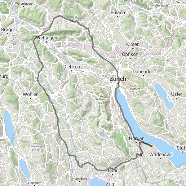 Zemljevid v pomanjšavi "Cikeljska pot okoli Züricha" kolesarske inspiracije v Zürich, Switzerland. Generirano z načrtovalcem kolesarskih poti Tarmacs.app