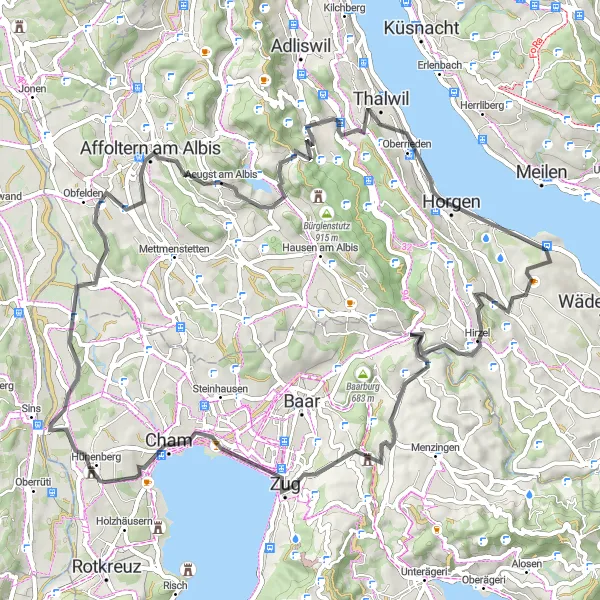 Miniatura della mappa di ispirazione al ciclismo "Giro in bicicletta lungo la strada intorno a Au" nella regione di Zürich, Switzerland. Generata da Tarmacs.app, pianificatore di rotte ciclistiche