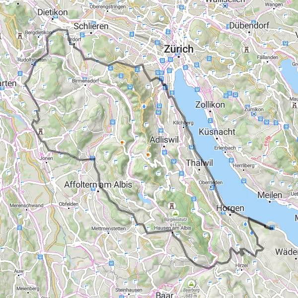 Zemljevid v pomanjšavi "Scenic road route near Au" kolesarske inspiracije v Zürich, Switzerland. Generirano z načrtovalcem kolesarskih poti Tarmacs.app