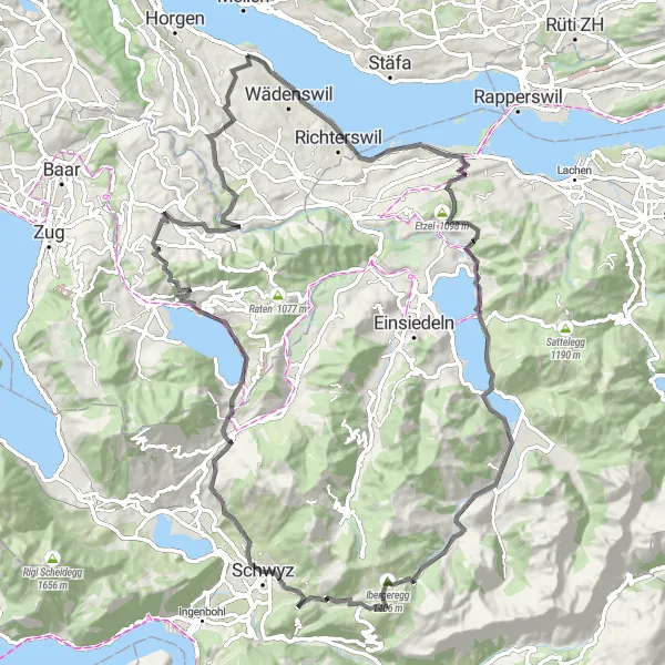 Map miniature of "Panoramic Schwyz and Ägerisee Loop" cycling inspiration in Zürich, Switzerland. Generated by Tarmacs.app cycling route planner
