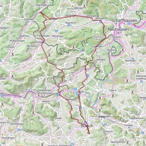 Karttaminiaatyyri "Gravel-seikkailu Bachenbülachin lähellä" pyöräilyinspiraatiosta alueella Zürich, Switzerland. Luotu Tarmacs.app pyöräilyreittisuunnittelijalla