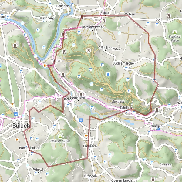 Zemljevid v pomanjšavi "Exploring Swiss Countryside on Gravel Roads" kolesarske inspiracije v Zürich, Switzerland. Generirano z načrtovalcem kolesarskih poti Tarmacs.app