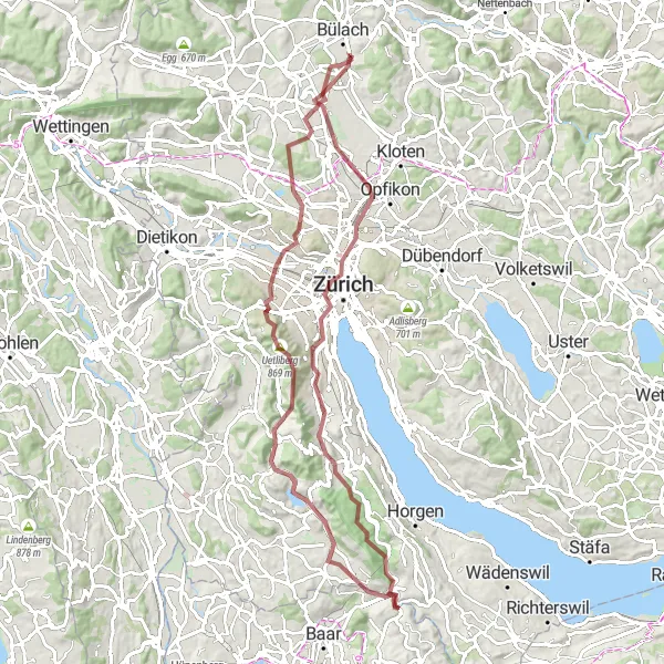Miniatua del mapa de inspiración ciclista "Ruta de ciclismo de grava alrededor de Zürich" en Zürich, Switzerland. Generado por Tarmacs.app planificador de rutas ciclistas