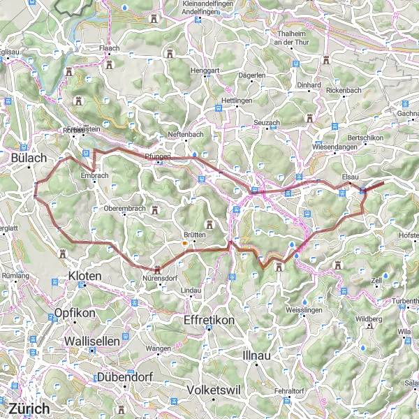 Miniatua del mapa de inspiración ciclista "Ruta de Grava alrededor de Bachenbülach" en Zürich, Switzerland. Generado por Tarmacs.app planificador de rutas ciclistas