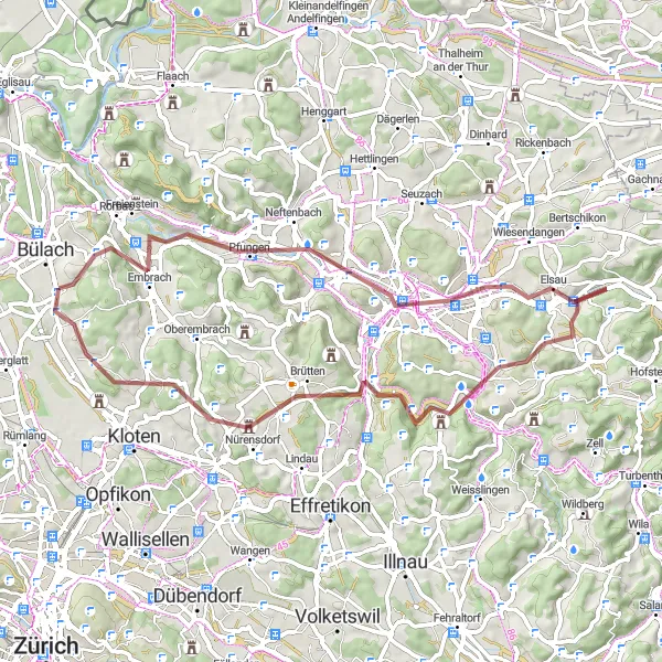 Mapa miniatúra "Scenic Gravel Tour to Kyburg" cyklistická inšpirácia v Zürich, Switzerland. Vygenerované cyklistickým plánovačom trás Tarmacs.app