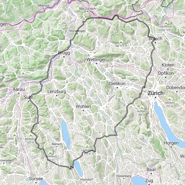 Zemljevid v pomanjšavi "Cestna avantura po Zürichu in okolici" kolesarske inspiracije v Zürich, Switzerland. Generirano z načrtovalcem kolesarskih poti Tarmacs.app