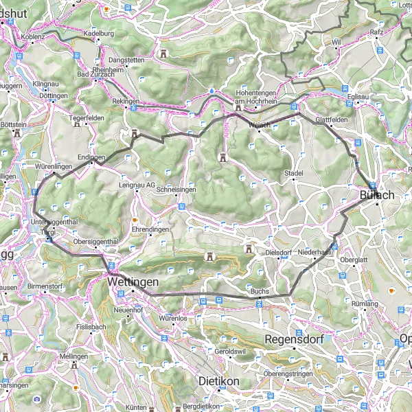 Karttaminiaatyyri "Korkeanpaikankierros Bachenbülachista" pyöräilyinspiraatiosta alueella Zürich, Switzerland. Luotu Tarmacs.app pyöräilyreittisuunnittelijalla