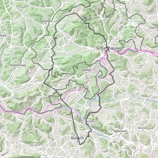 Miniaturní mapa "Road cycling through Schaffhausen region" inspirace pro cyklisty v oblasti Zürich, Switzerland. Vytvořeno pomocí plánovače tras Tarmacs.app