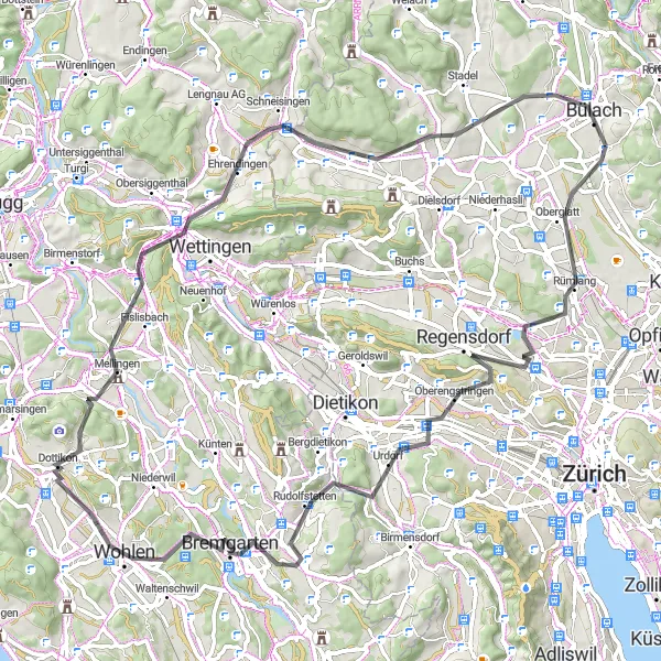 Miniatua del mapa de inspiración ciclista "Ruta de ciclismo de carretera a través de Zürich" en Zürich, Switzerland. Generado por Tarmacs.app planificador de rutas ciclistas
