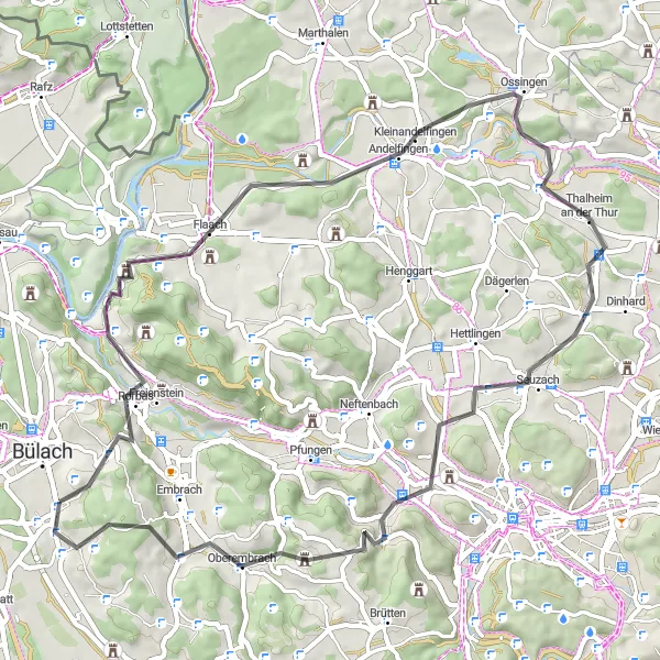 Miniatua del mapa de inspiración ciclista "Ruta de ciclismo de carretera por Bachenbülach" en Zürich, Switzerland. Generado por Tarmacs.app planificador de rutas ciclistas