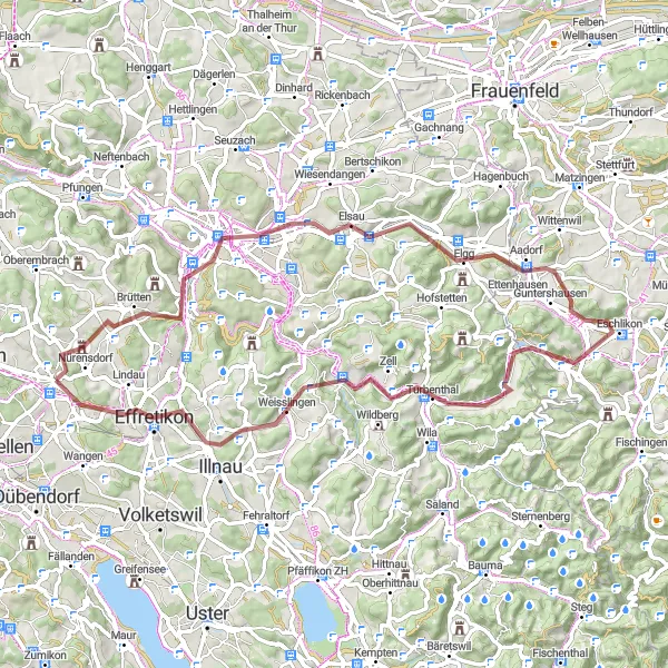 Kartminiatyr av "Heidenbüel Adventure" cykelinspiration i Zürich, Switzerland. Genererad av Tarmacs.app cykelruttplanerare