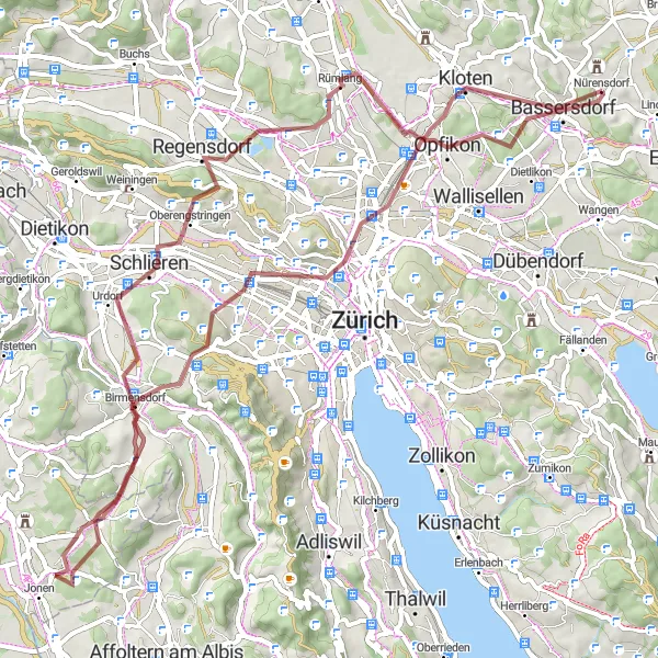 Miniaturní mapa "Gravelová jízda kolem Klotenu" inspirace pro cyklisty v oblasti Zürich, Switzerland. Vytvořeno pomocí plánovače tras Tarmacs.app