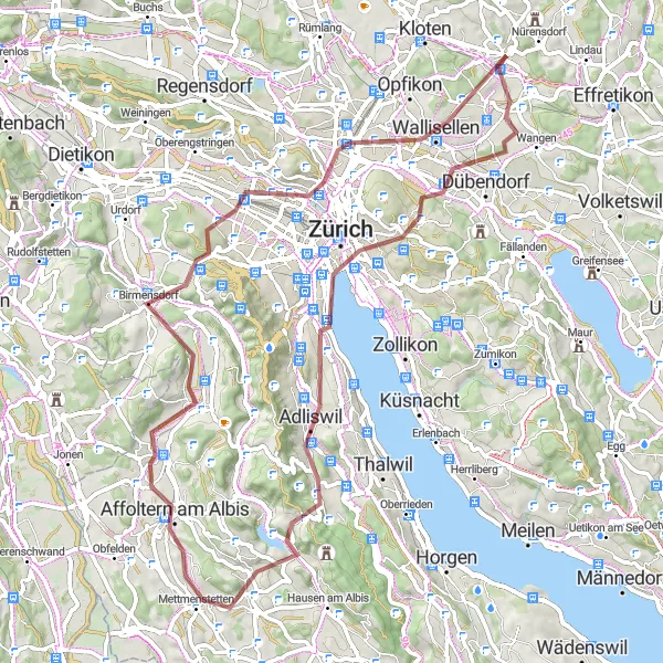 Kartminiatyr av "Utforsk Zürichs Naturperler på Grusvei" sykkelinspirasjon i Zürich, Switzerland. Generert av Tarmacs.app sykkelrutoplanlegger