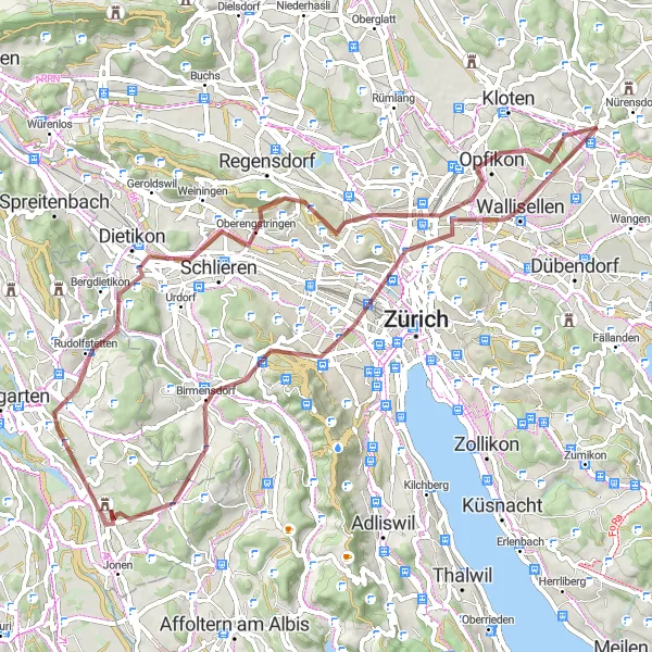 Map miniature of "Zurich Countryside Gravel Adventure" cycling inspiration in Zürich, Switzerland. Generated by Tarmacs.app cycling route planner
