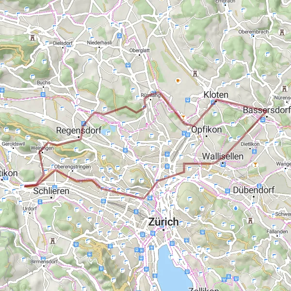 Miniatua del mapa de inspiración ciclista "Aventura de grava por Wallisellen y Chäferberg" en Zürich, Switzerland. Generado por Tarmacs.app planificador de rutas ciclistas