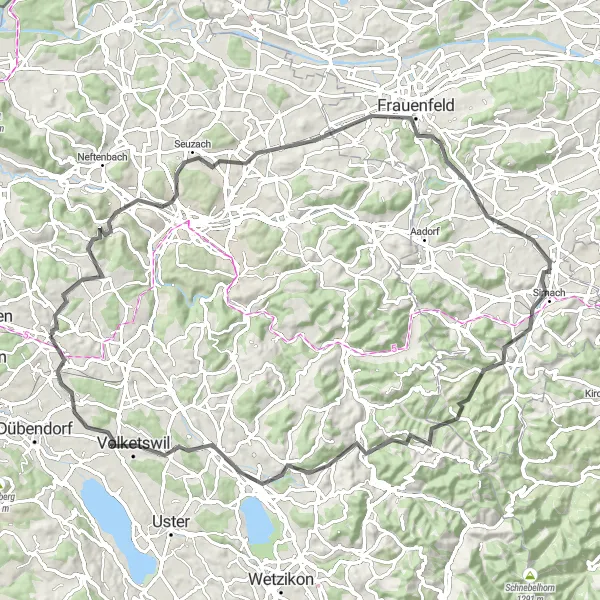 Kartminiatyr av "Rundtur til Frauenfeld via Münchwilen TG" sykkelinspirasjon i Zürich, Switzerland. Generert av Tarmacs.app sykkelrutoplanlegger