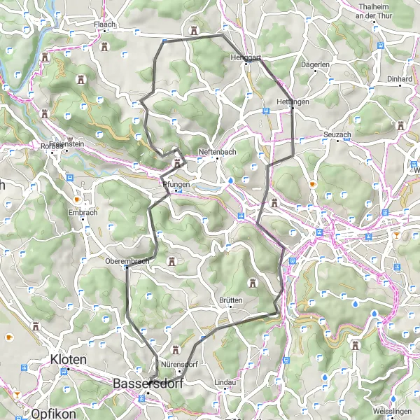 Map miniature of "Bassersdorf Discovery" cycling inspiration in Zürich, Switzerland. Generated by Tarmacs.app cycling route planner