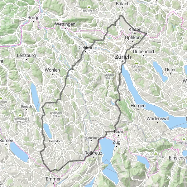 Miniatua del mapa de inspiración ciclista "Ruta en Carretera desde Bassersdorf" en Zürich, Switzerland. Generado por Tarmacs.app planificador de rutas ciclistas