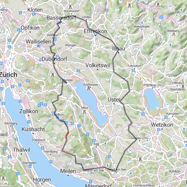 Miniatura della mappa di ispirazione al ciclismo "Giro in Bici di 61 km da Bassersdorf attraverso Uster e Dübendorf" nella regione di Zürich, Switzerland. Generata da Tarmacs.app, pianificatore di rotte ciclistiche