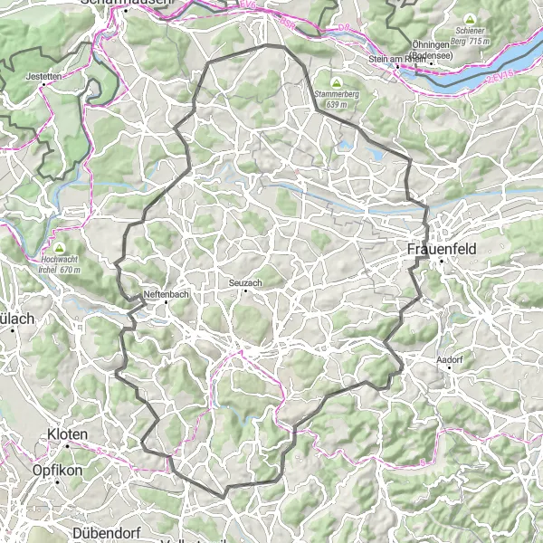 Miniatura della mappa di ispirazione al ciclismo "Giro in bicicletta Bassersdorf - Multberg - Pfungen - Forenbuck - Trullikon - Aussichtsturm Vorderhütten - Unterstammheim - Bahnhofbrücke - Elgg - Weisslingen - Birchen - Bassersdorf" nella regione di Zürich, Switzerland. Generata da Tarmacs.app, pianificatore di rotte ciclistiche